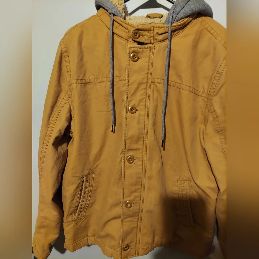 Aeropostale Mens Sherpa Lined Hooded Utility Jacket Size M Tan Workwear Gorpcore